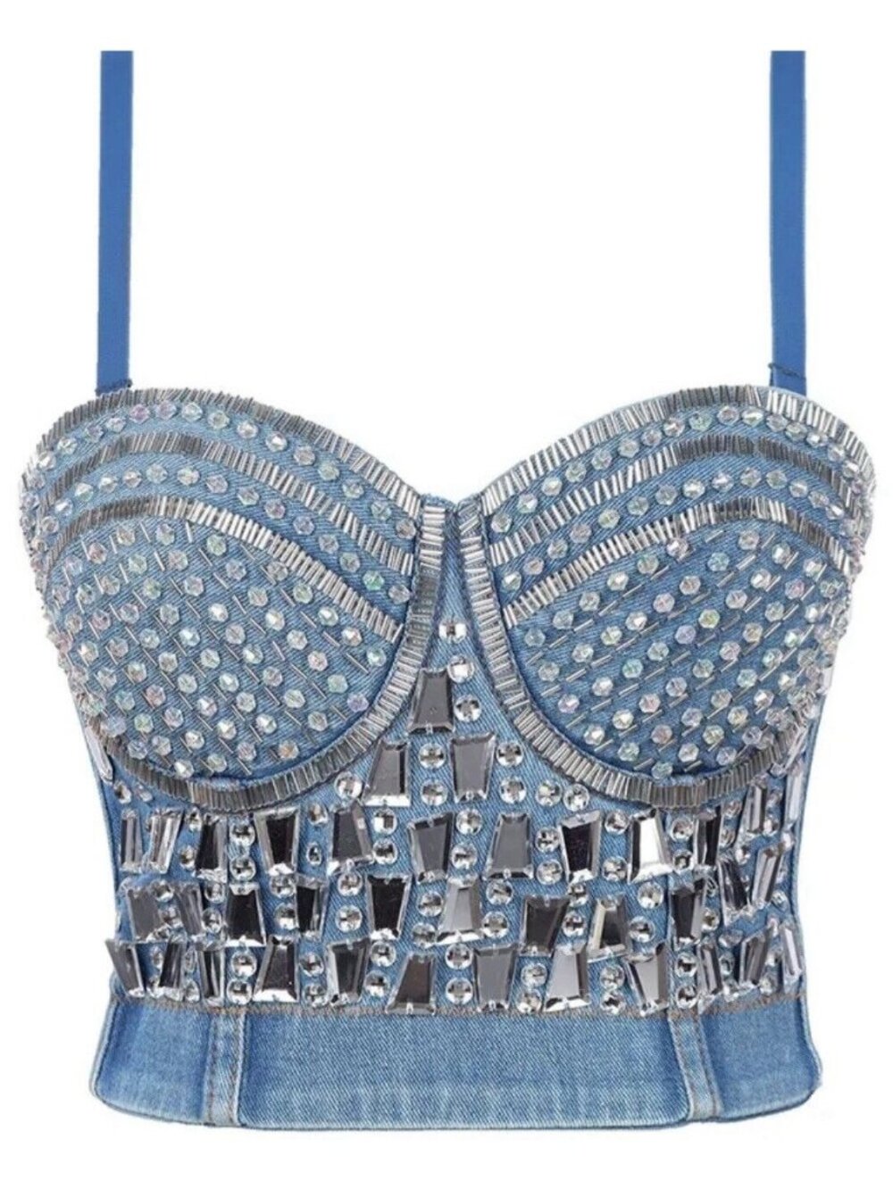 Denim Corset Rhinestones Sexy Bustier Top Y2K Party Bralette Sparkle Size XS 34B